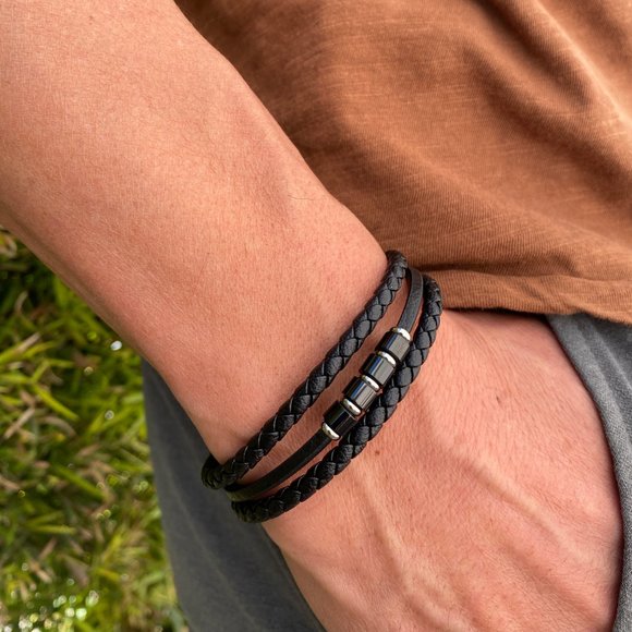 Men's Leather Bracelet, Black Leather Bracelet, Bracelet for Men, Men's Bracelet - Picture 3 of 9